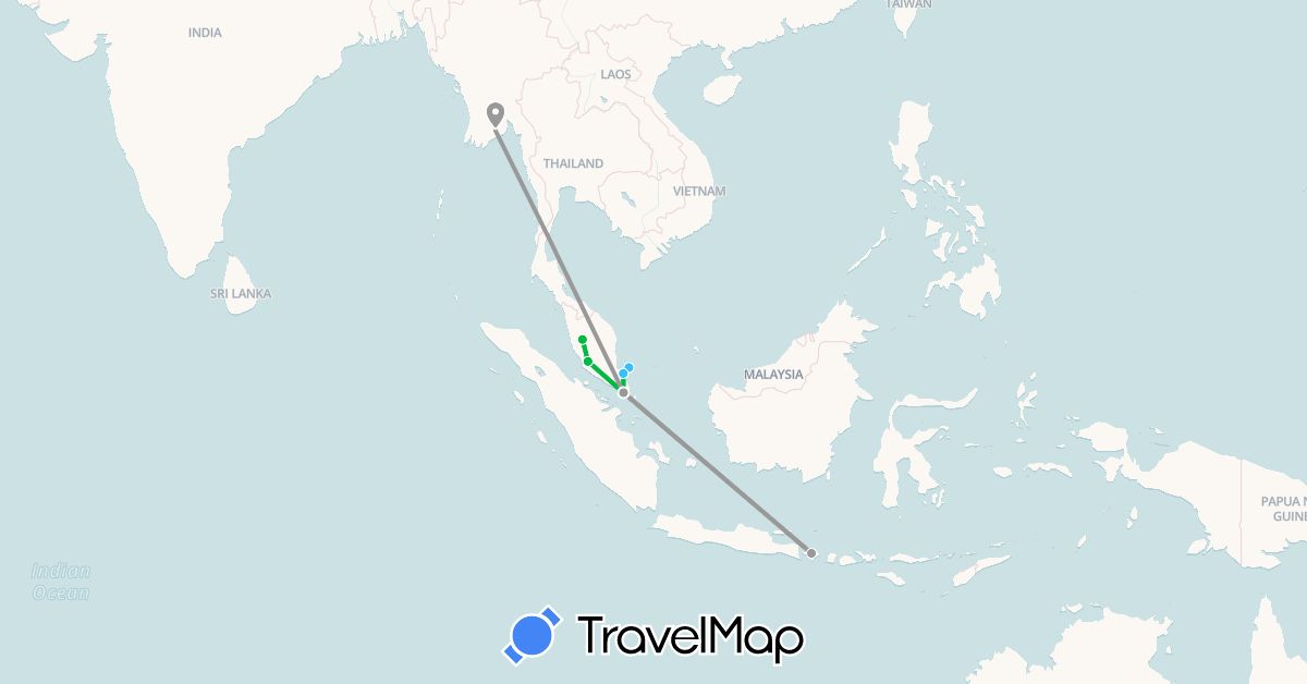 TravelMap itinerary: bus, plane, boat in Indonesia, Myanmar (Burma), Malaysia, Singapore (Asia)